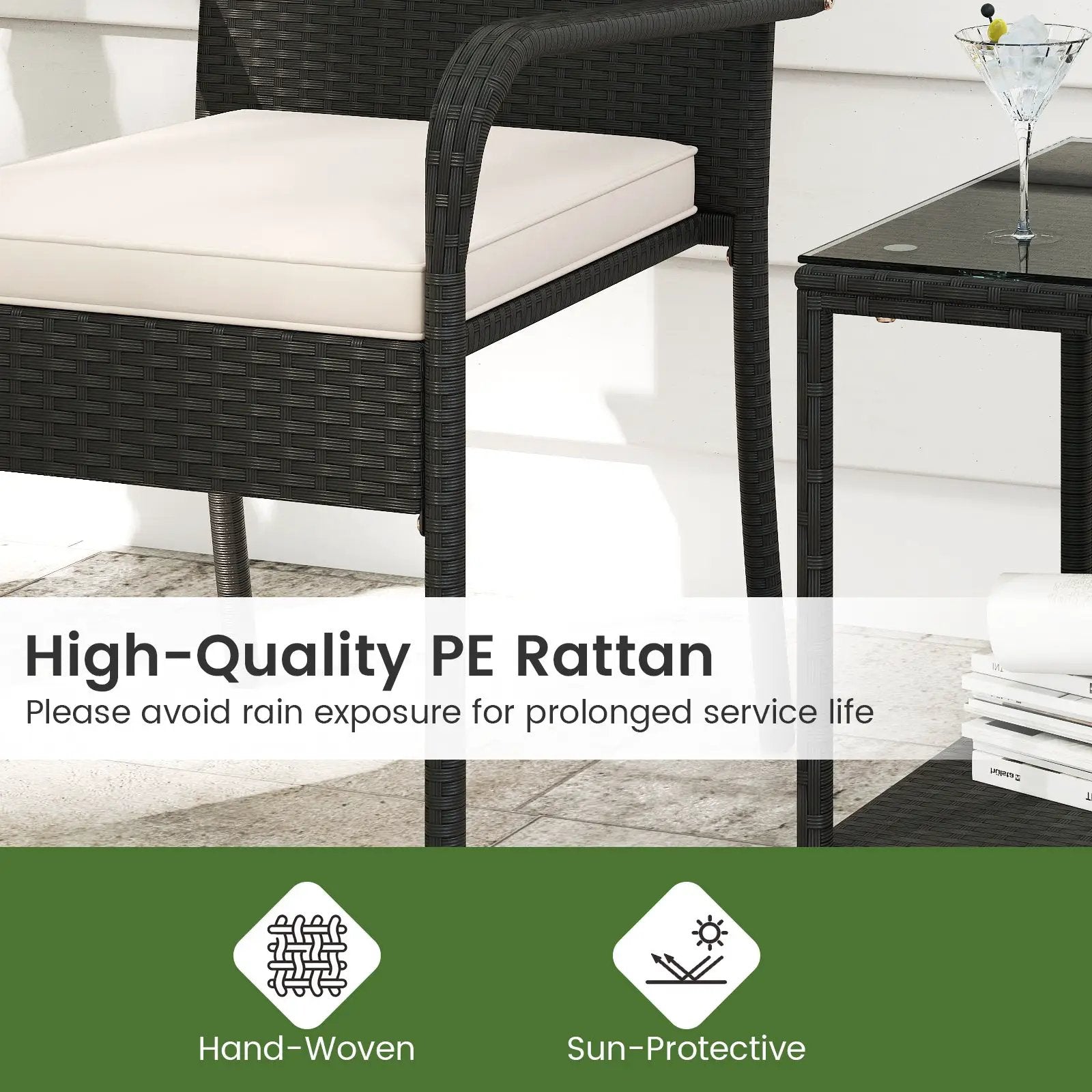 3 Piece Patio Furniture Set with Seat Cushions and Tempered Glass Tabletop by DirectDeals