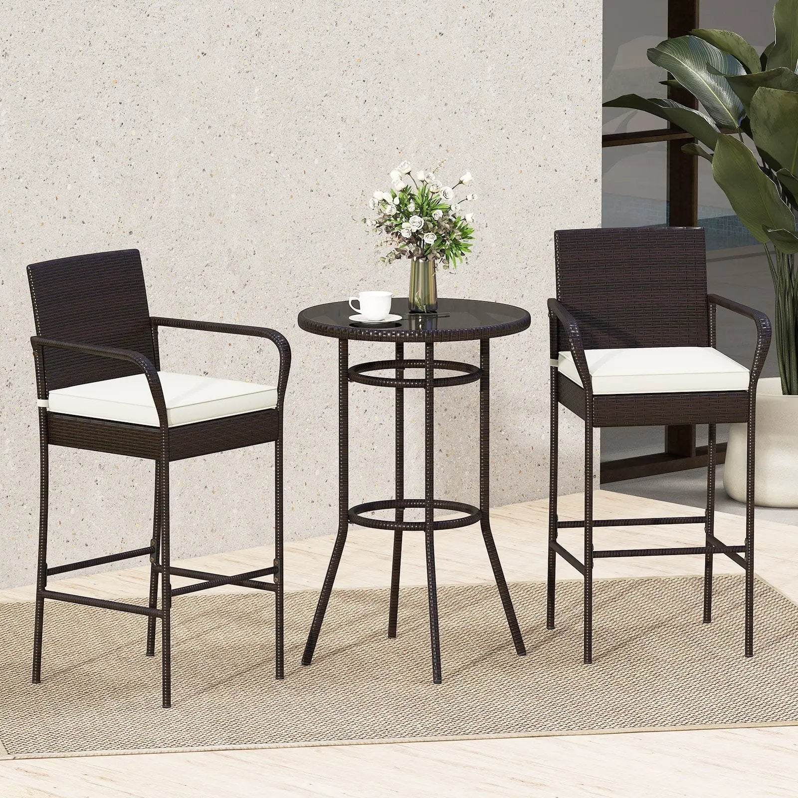 Patio Rattan Bar Height Table and Chairs with 2 Seat Cushions for Porch-White by DirectDeals