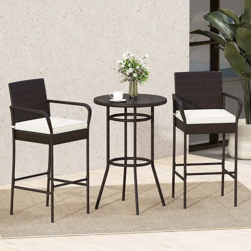 Patio Rattan Bar Height Table and Chairs with 2 Seat Cushions for Porch-White by DirectDeals