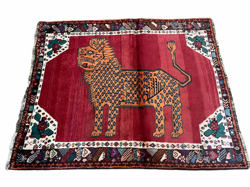 Antique Persian Gabbeh Wool Rug 4x5, Lion Pictorial Rug, Red Orange Black, Hand Knotted Handmade Vintage Gabbeh Carpet 4 x 5 ft, Tribal Rug by Jewel Rugs