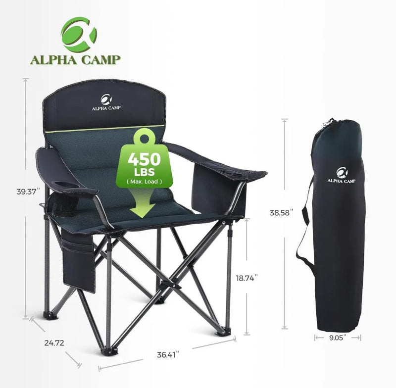 ALPHA CAMP Oversized Heavy Duty Lawn Chair with Cooler Bag Support 450 LBS Steel Frame Camping Folding Collapsible Padded Quad Lumbar Back Arm Chair f by Selzalot