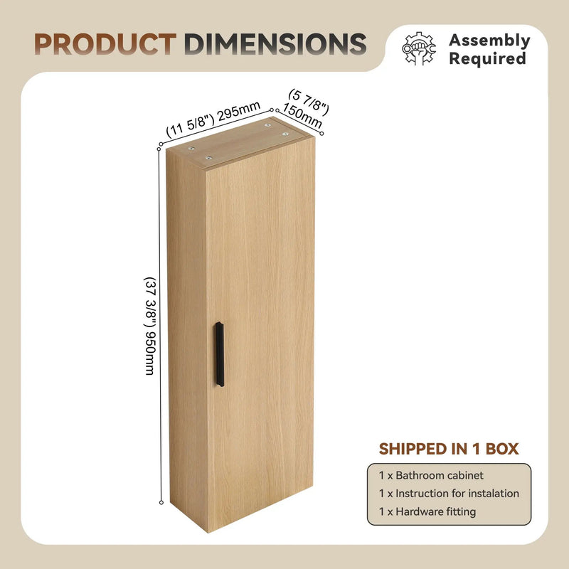Tall Floating Bathroom Side Cabinet, Wall Mounted Single Door Storage - Light Oak by HouseOfZazla