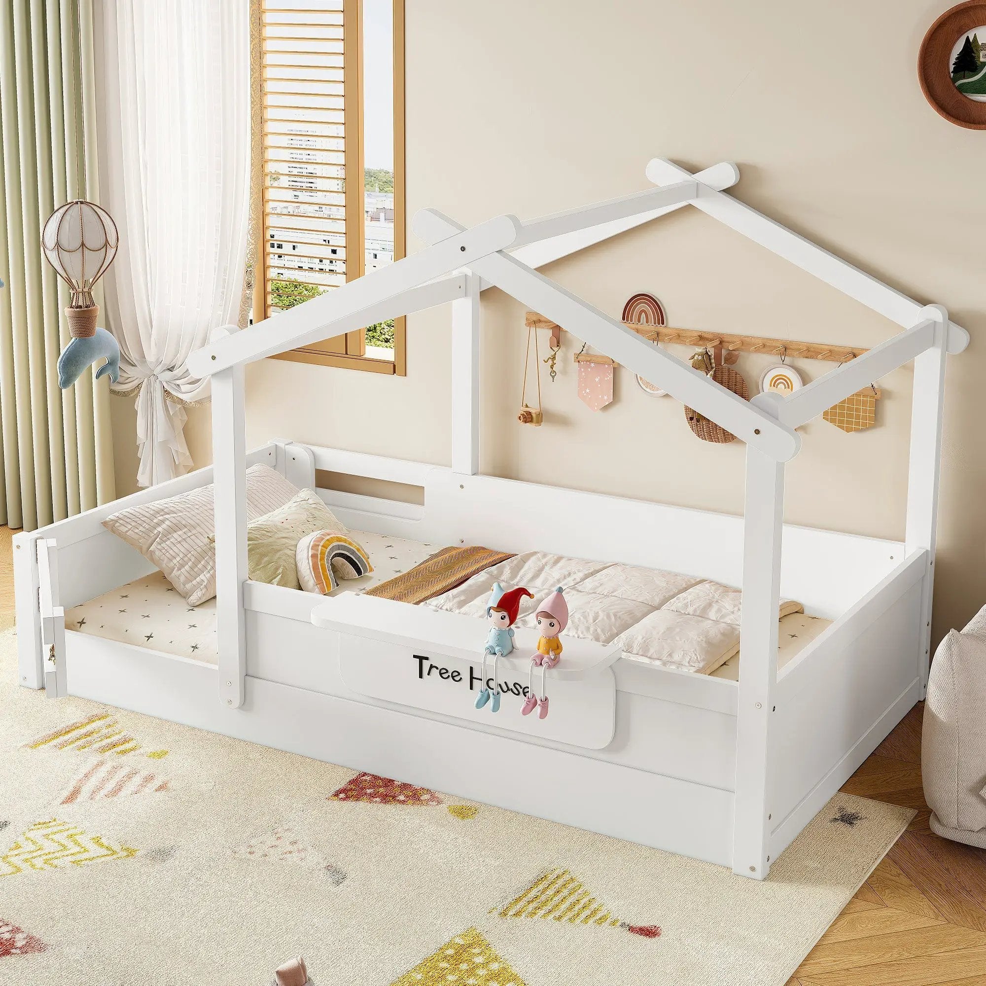 Twin Size Floor Bed with Guardrails and Roof by HouseOfZazla