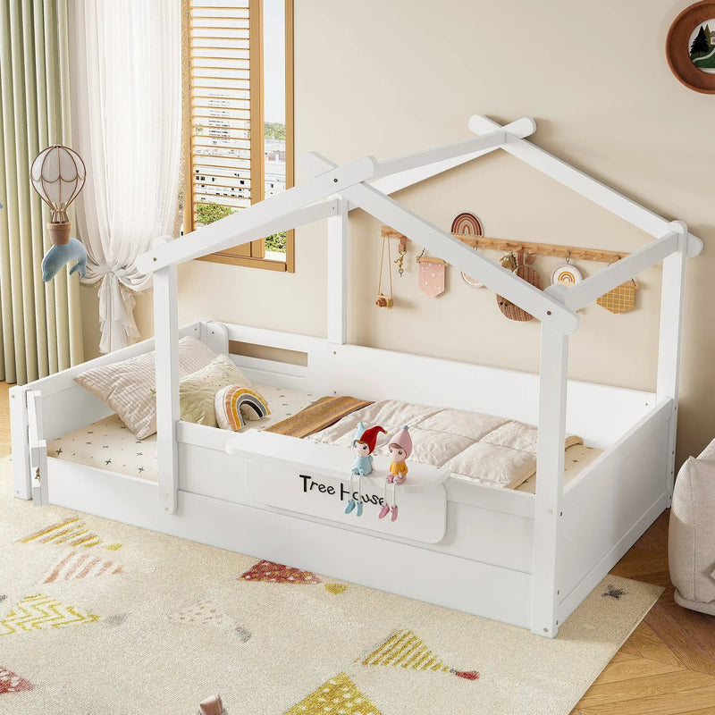 Twin Size Floor Bed with Guardrails and Roof by HouseOfZazla