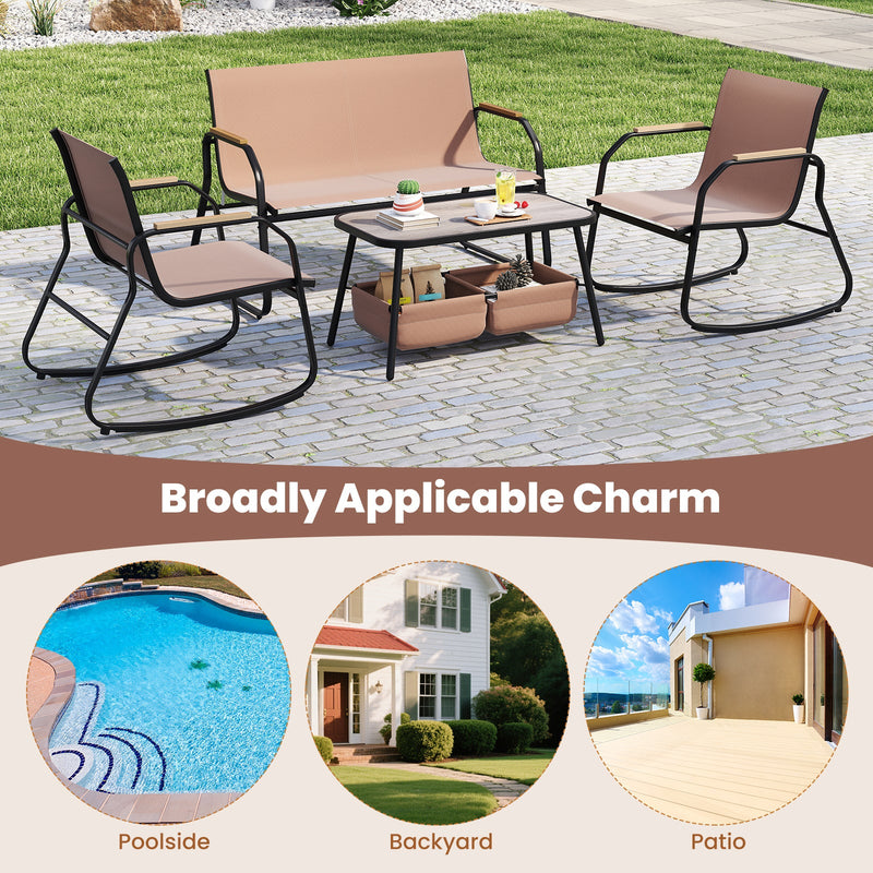 4 Pieces Patio Furniture Set with Rocking Bistro Chairs and Breathable Mesh Fabric-Coffee by DirectDeals