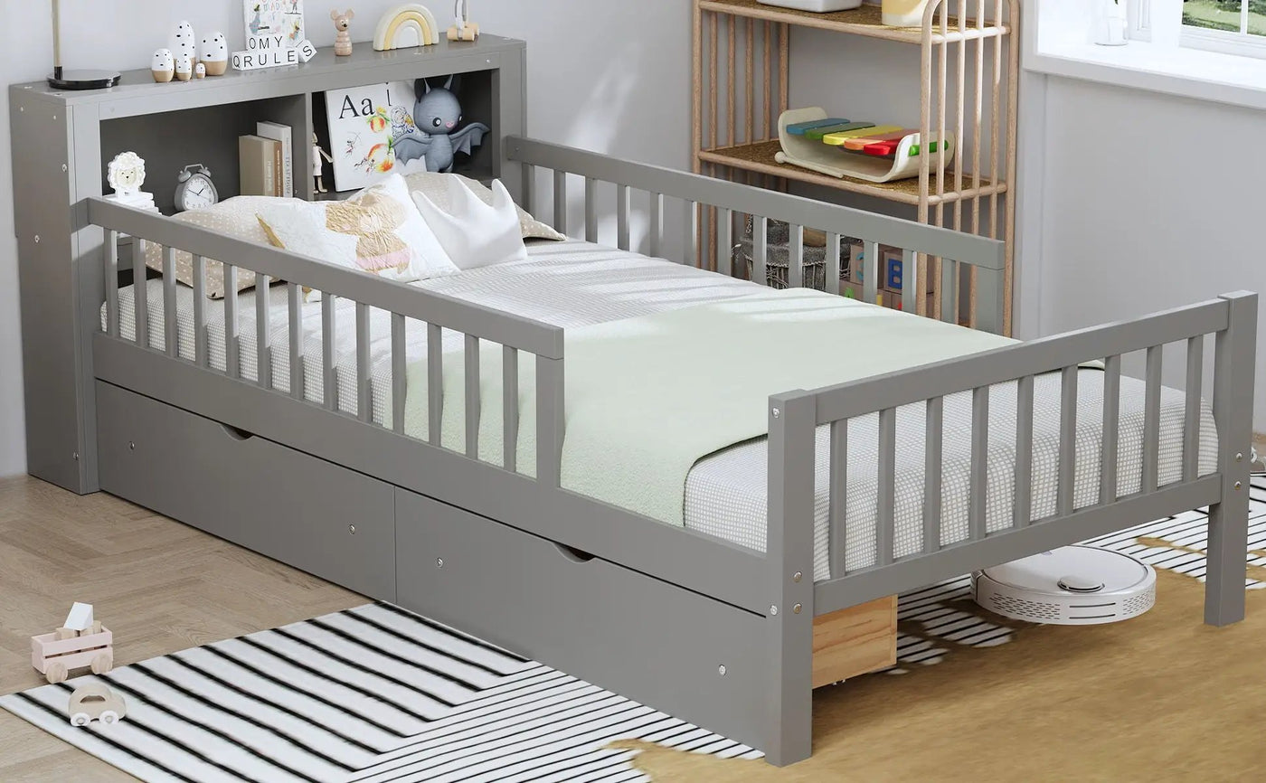 Bed With Headboard Storage Rack, 2 Under Bed Drawers, 3 Side Guardrails For Safety by HouseOfZazla