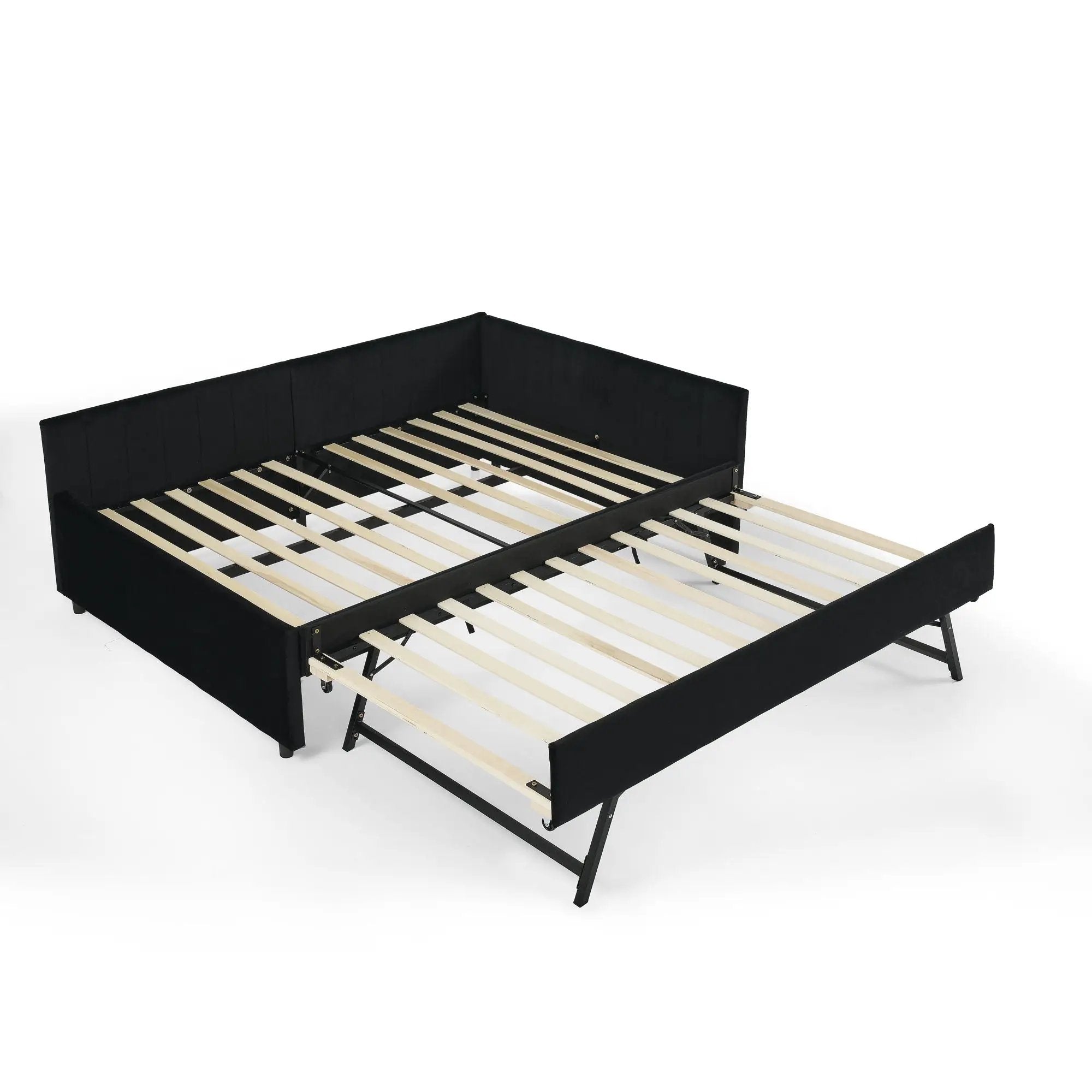 Full Size Upholstered Daybed With Trundle, Tufted Backrest And Armrests - Black