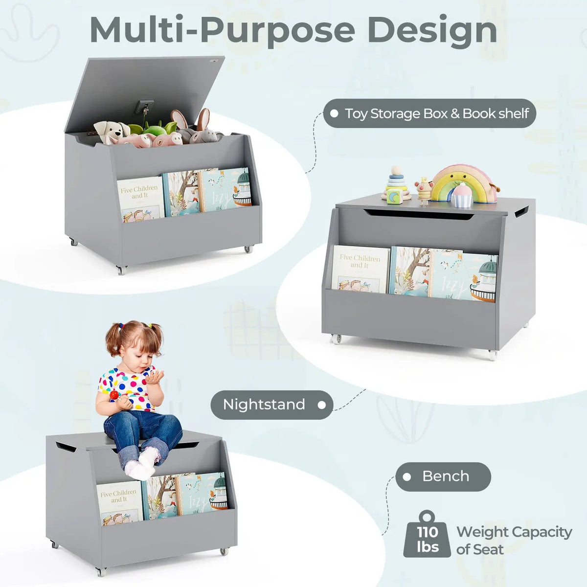 Wooden Mobile Toy Storage Organizer with Bookshelf and Lockable Wheels, photo 10 of 16