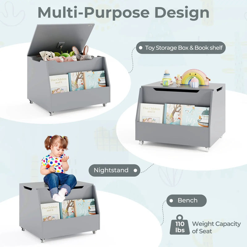 Wooden Mobile Toy Storage Organizer with Bookshelf and Lockable Wheels by DirectDeals