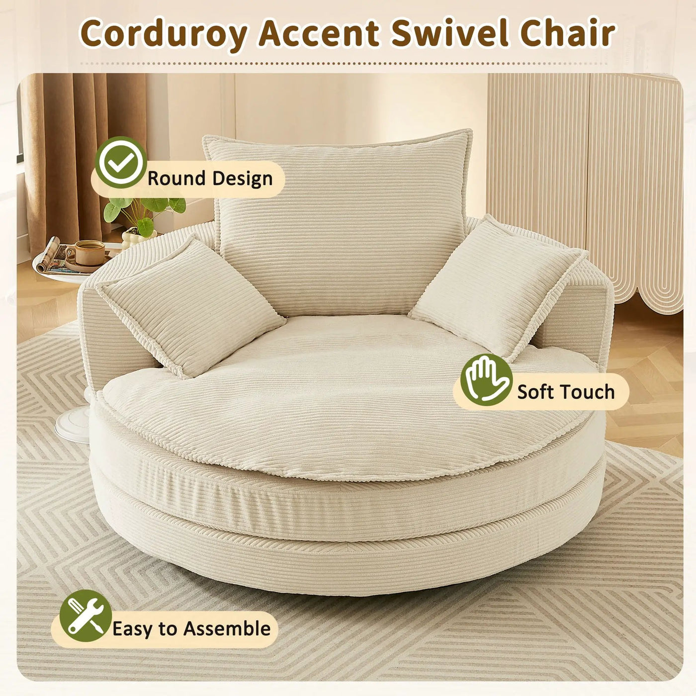360° Swivel Accent Barrel Chair With Dual Layer Cushion And 3 Removable Pillows by Unique Piece Furniture
