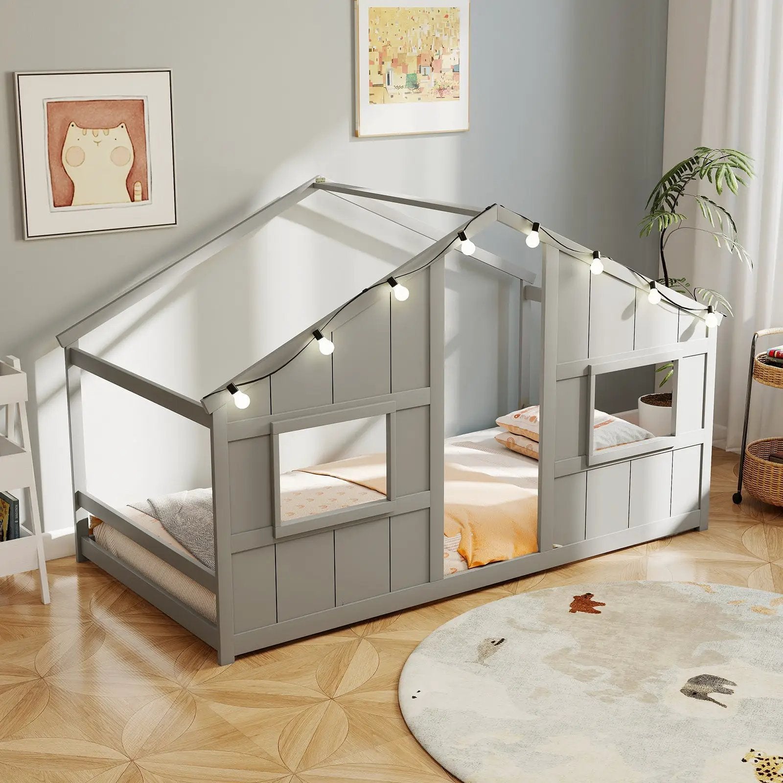 Twin Size House Bed with LED Lights Montessori Slat-free Floor Bed by DirectDeals