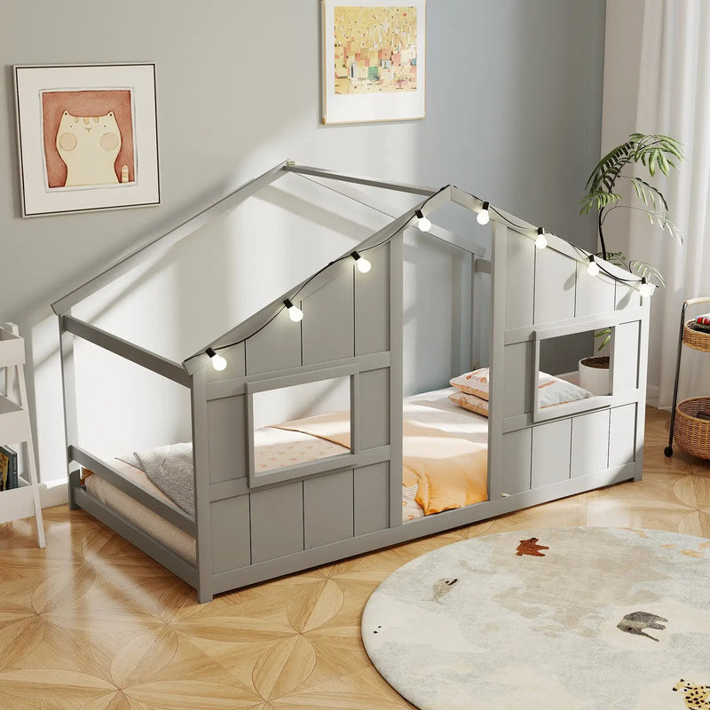 Twin Size House Bed with LED Lights Montessori Slat-free Floor Bed by DirectDeals