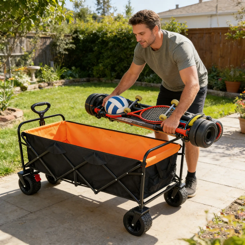 Big Large Capacity Folding Wagon Cart with Extender (Black + Orange) by HouseOfZazla