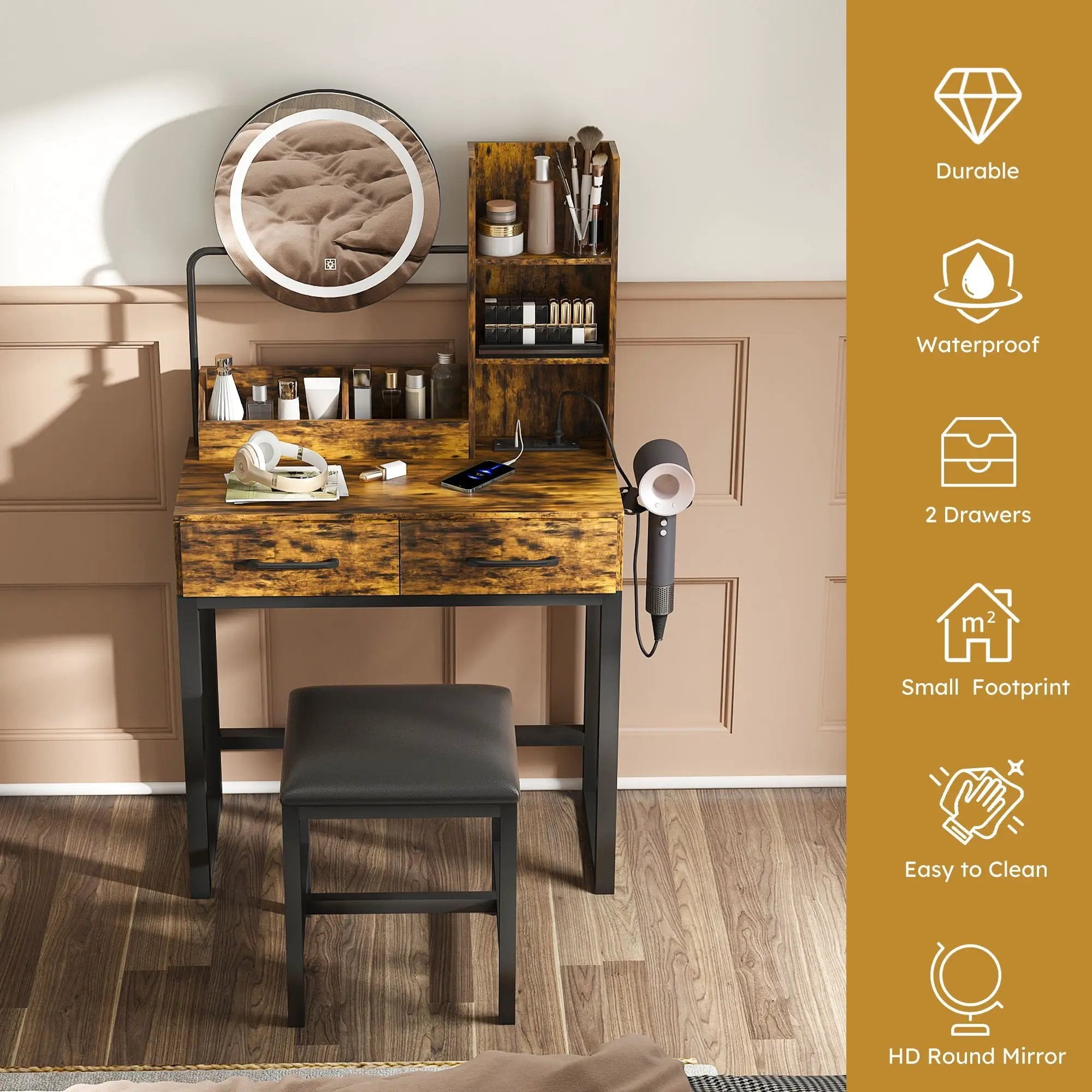 Makeup Vanity Table With LED Lights, 3 Color Options, Power Outlet by Unique Piece Furniture