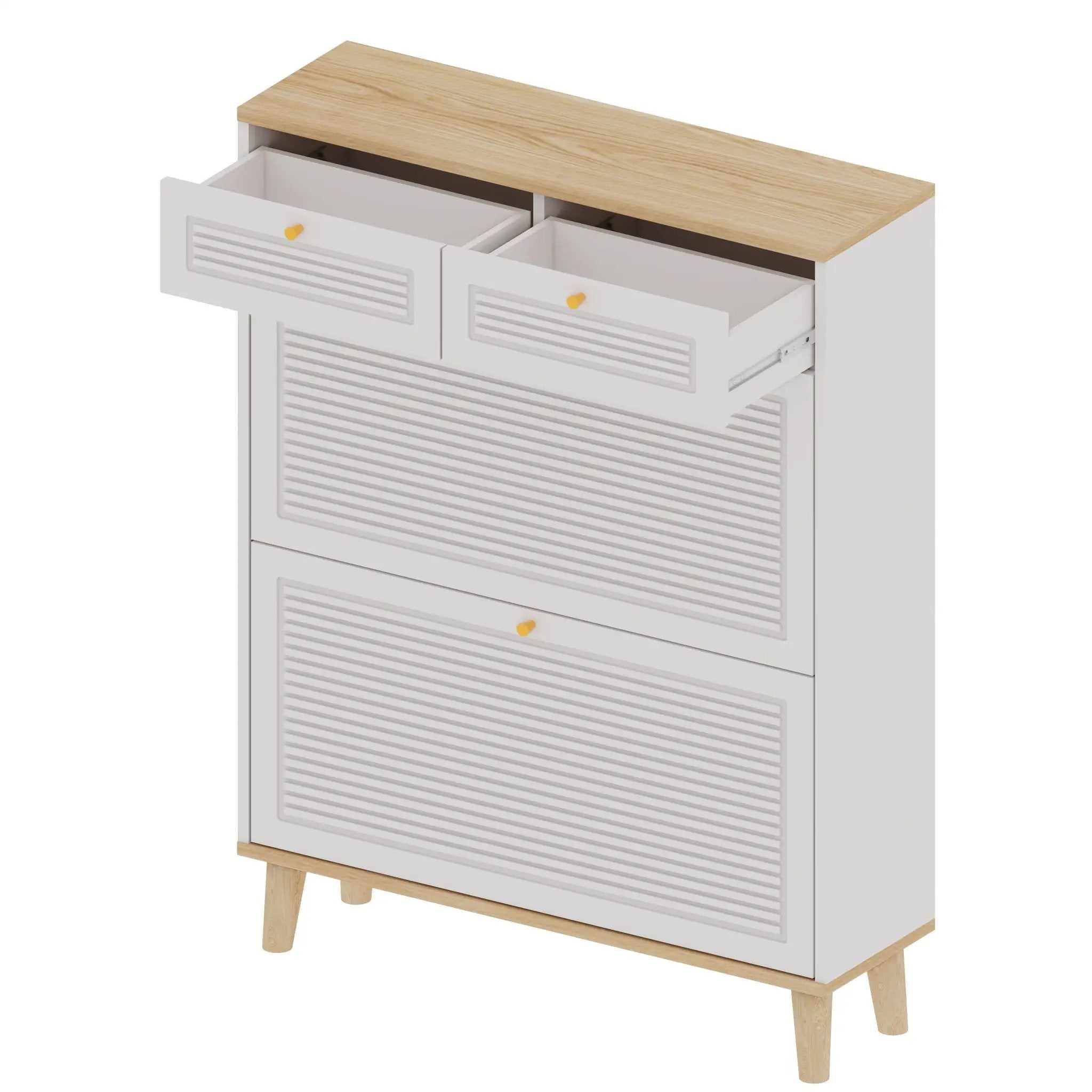 Modern Freestanding Shoe Cabinet With Flip Up Doors And Drawers, Compact Design For Entryway - White Natural by HouseOfZazla