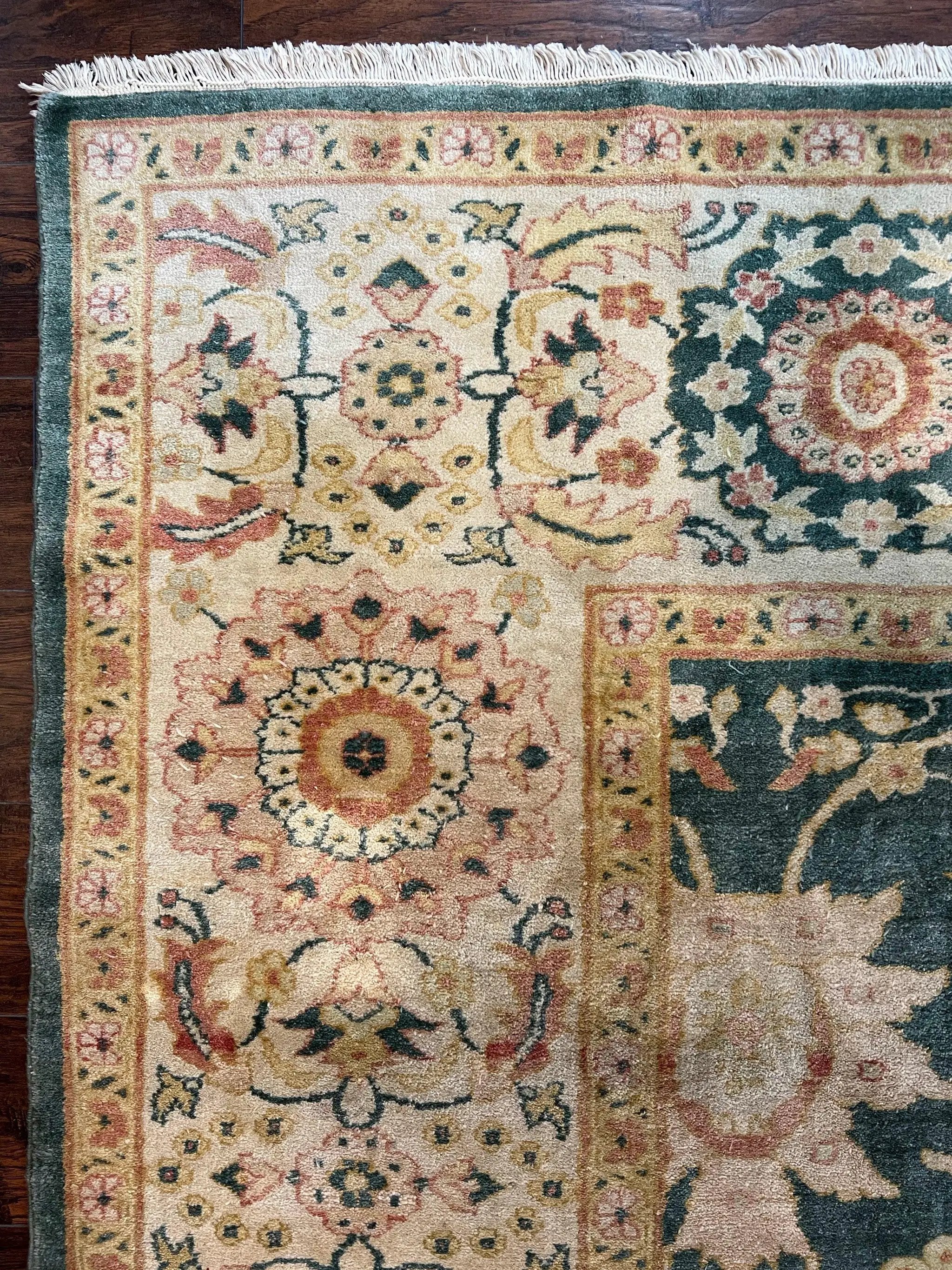 Egyptian Mahal Rug 10x14, Large Vintage Floral Hand Knotted Wool Carpet 10 x 14, Dark Green and Beige Traditional Handmade Persian Area Rug by Jewel Rugs
