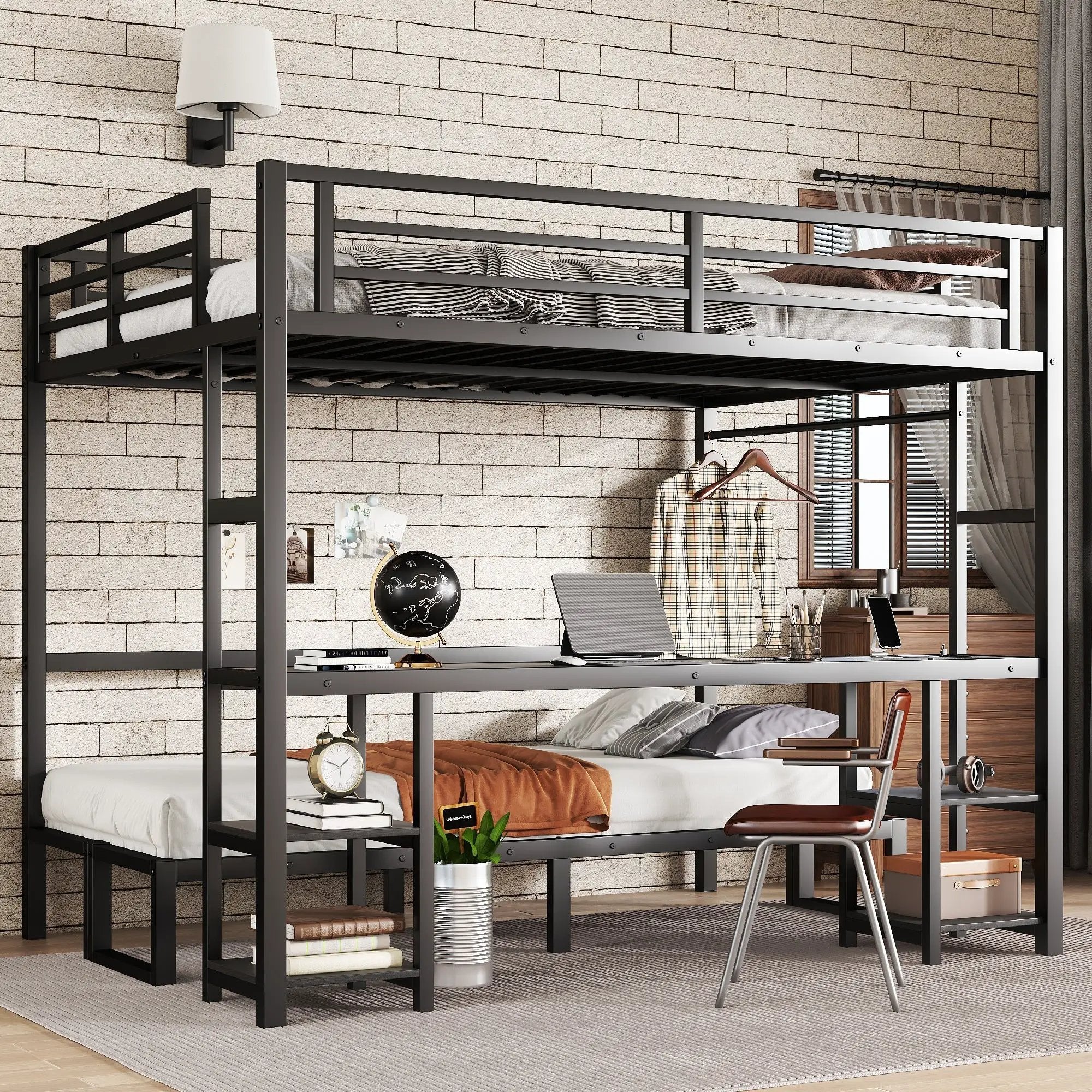 Queen Over Twin XL Metal Bunk Bed with Desk and Shelves by HouseOfZazla