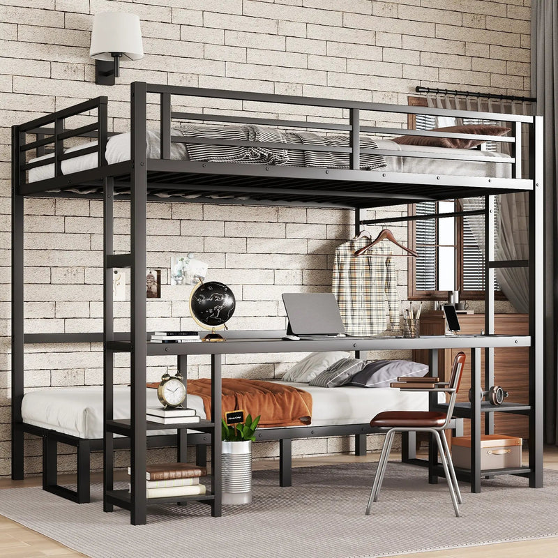 Queen Over Twin XL Metal Bunk Bed with Desk and Shelves by HouseOfZazla