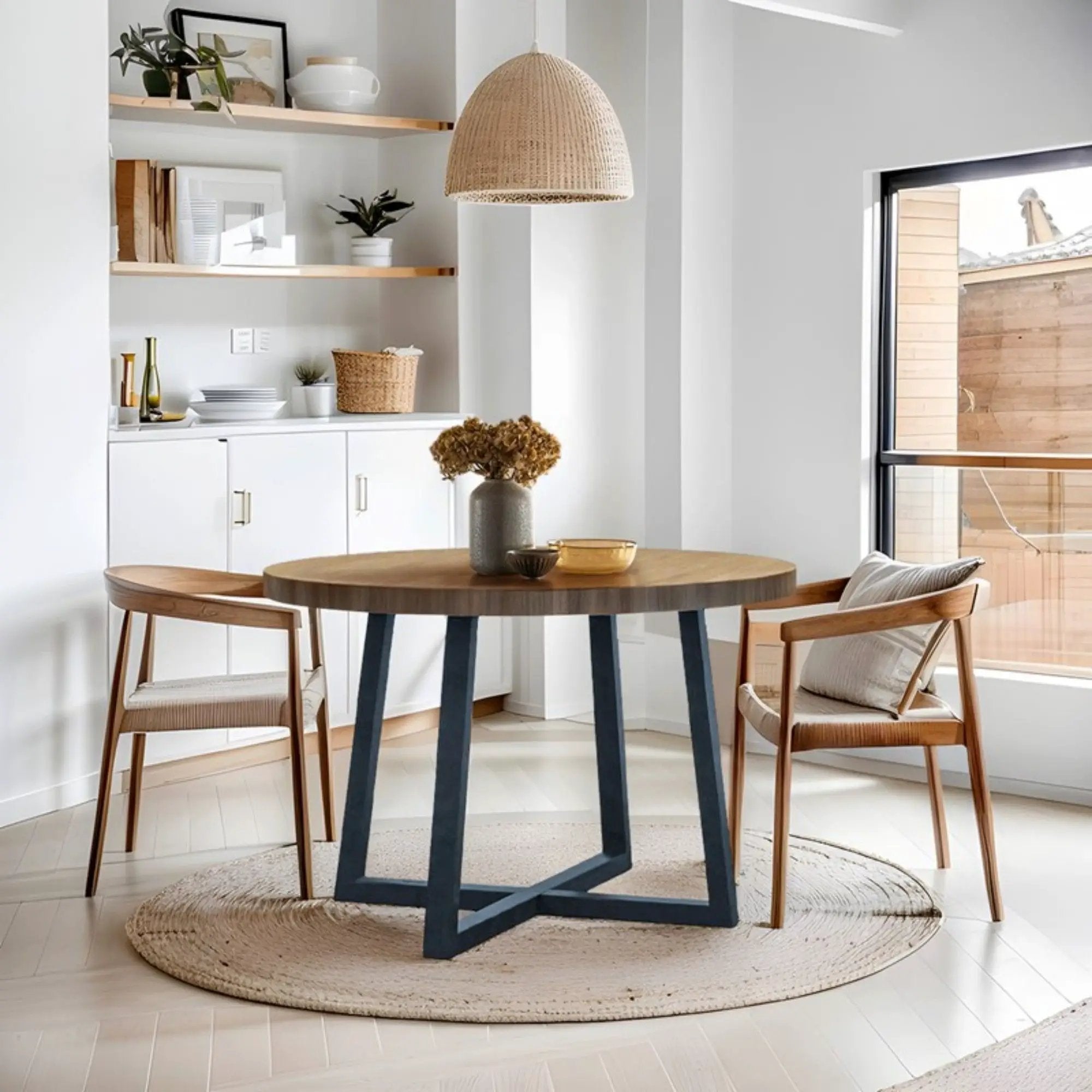 Round Dining Table With Wire Brushed Mindi Top And Mahogany Base - Wheat by Unique Piece Furniture