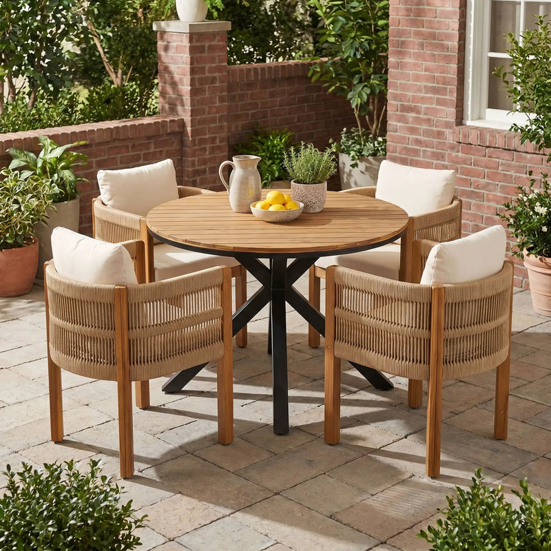 5 Piece Outdoor Dining Set With Round Table And 4 Wrapped Chairs - Black / Brown / Teak by HouseOfZazla
