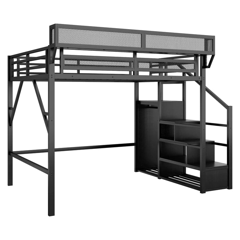 Queen Size Loft Bed With Stairs, Storage Shelves, Wardrobe - Black by Unique Piece Furniture
