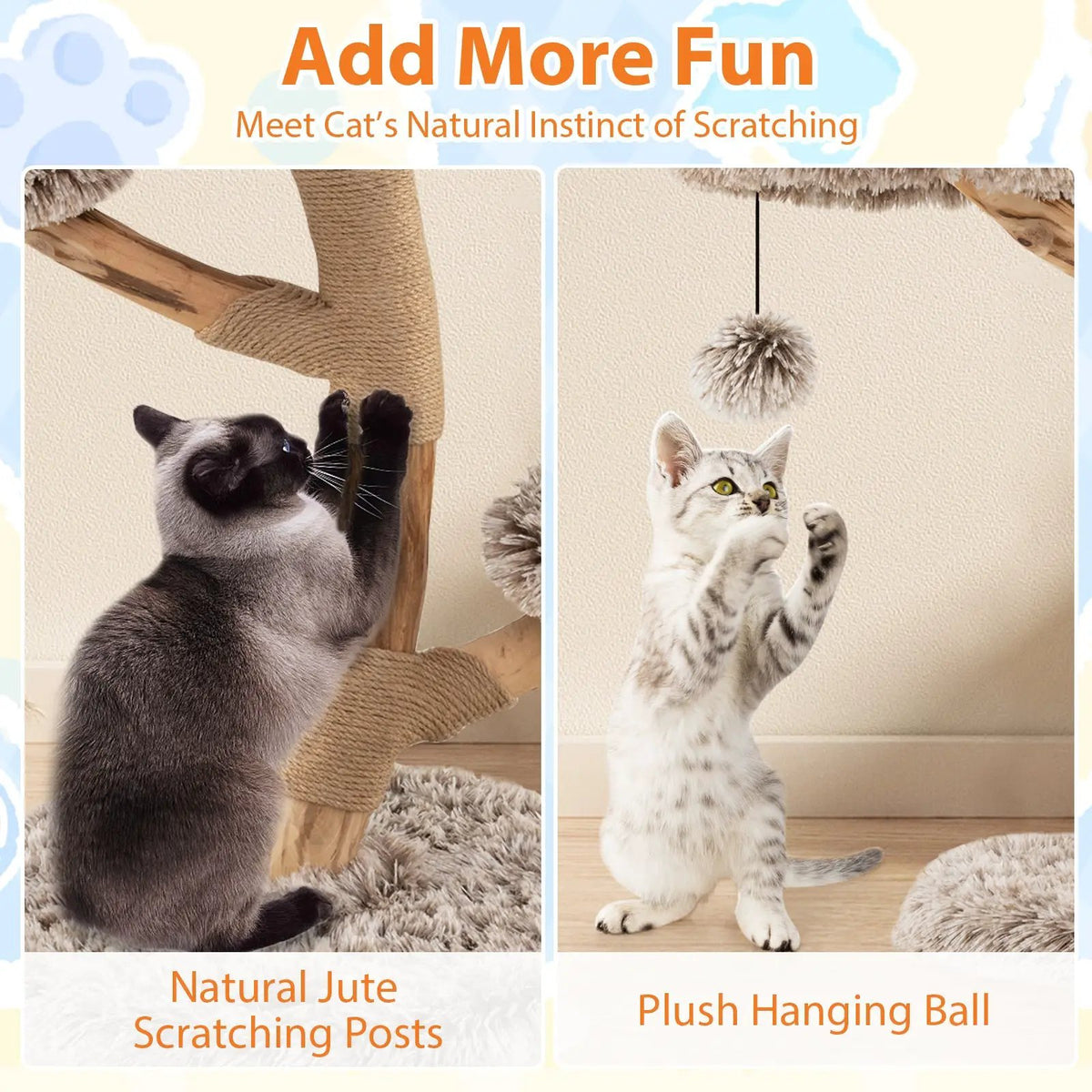 Cat Tree Solid Pear Wood with Perch and Natural Jute Scratching Posts-Brown, photo 8 of 9