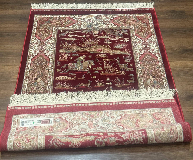 Turkish Silk Rug 3x5, Hunting Design, Dark Red & Ivory, Bamboo Silk, New by Jewel Rugs