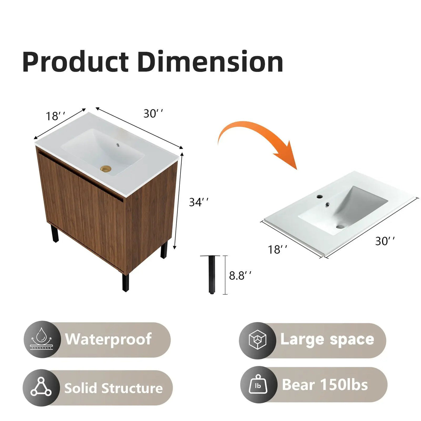 Bathroom Vanity With Ceramic Sink, Floor-Standing Design, Soft-Closing Drawers by Unique Piece Furniture