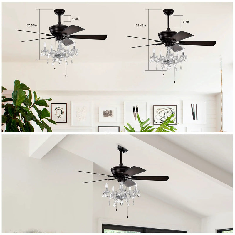 52" Crystal Shade Ceiling Fan Lamp, 3 Speed, 4 Timing, 5 Reversible Blades Crystal Ceiling Fan, 5 Pieces X E12 (No Include Bulb), Hand Pull Chain - Matte Black by HouseOfZazla