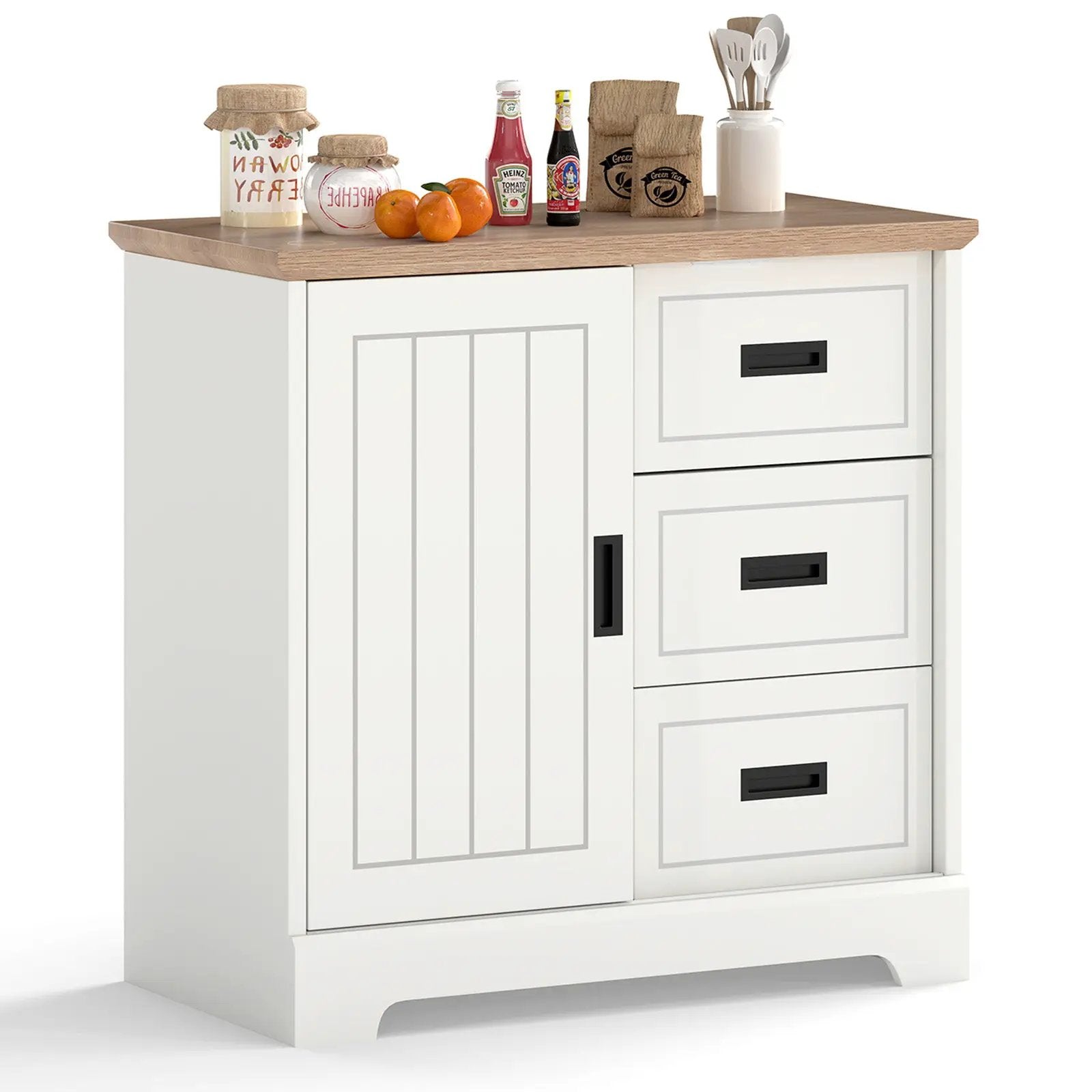 Farmhouse Sideboard Buffet Cabinet Kitchen Pantry with Sliding Doors-White by DirectDeals