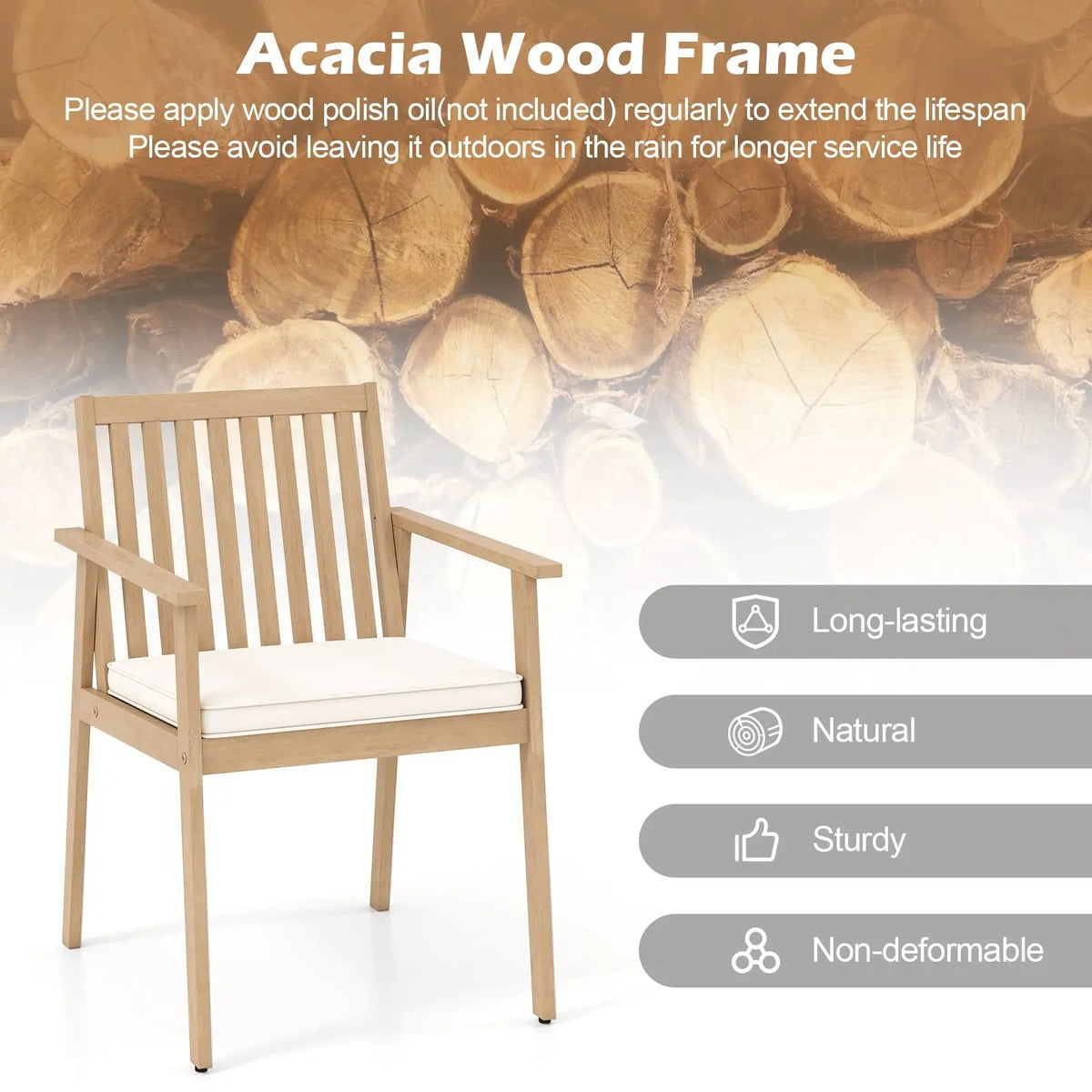 2 Pieces Patio Dining Chairs Outdoor Acacia Wood Chairs with Removable Padded Cushion, photo 15 of 16