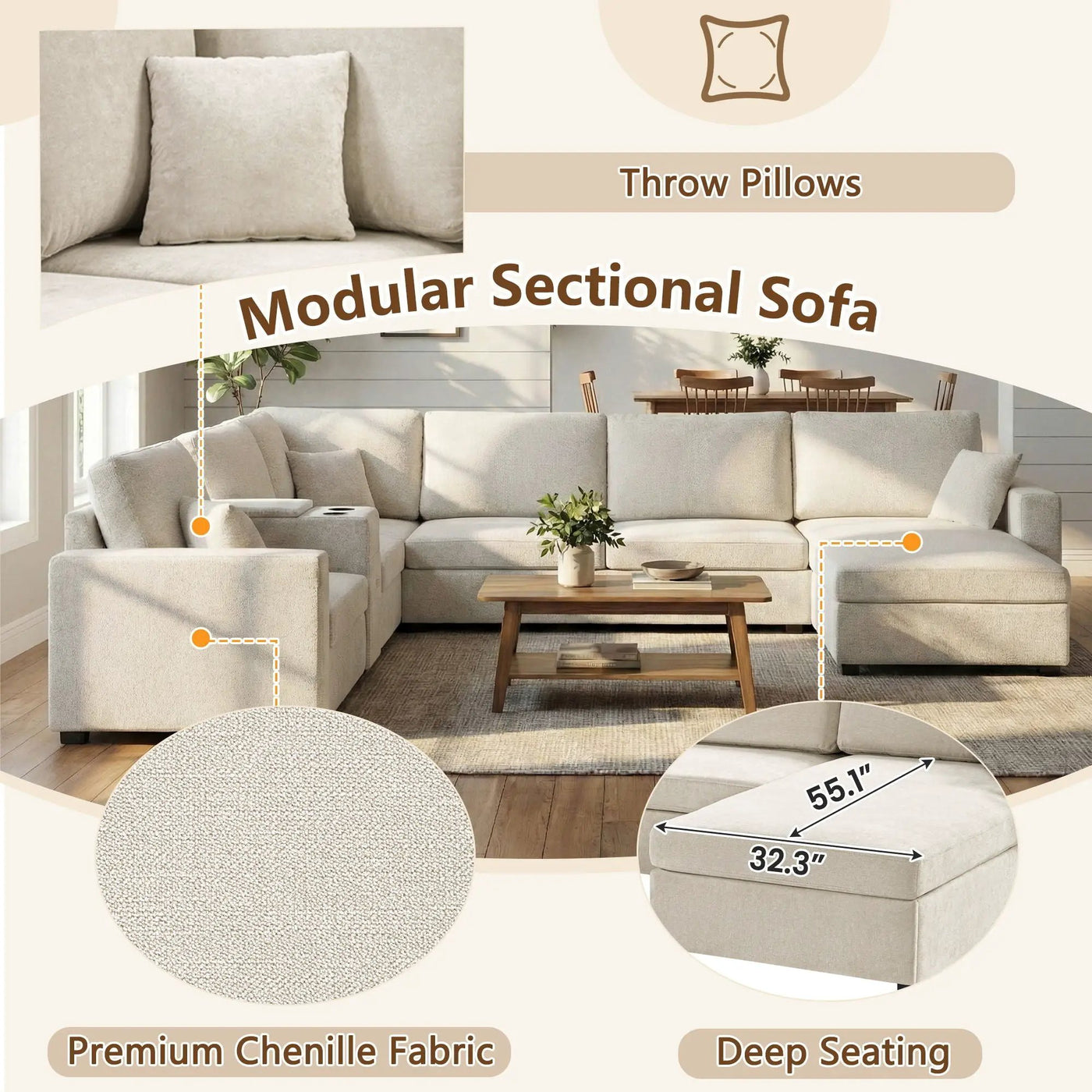 Modular 5 Seat U-Shape Sectional Sofa With Chaise Lounge, Built In Cup Holders And Storage Drawer by Unique Piece Furniture