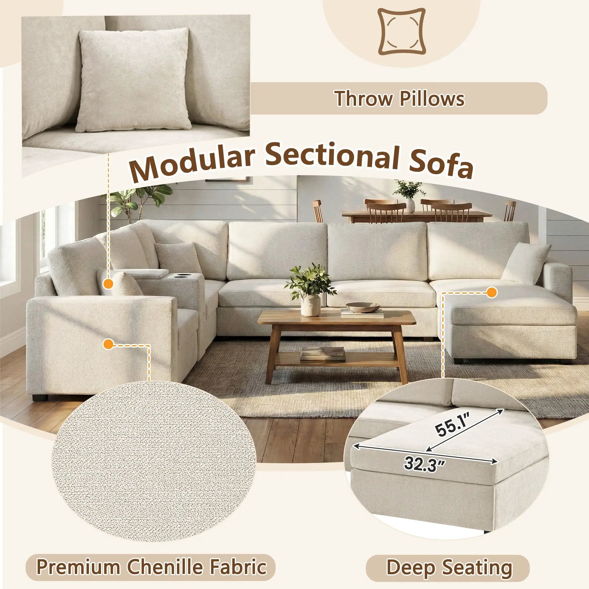 Modular 5 Seat U-Shape Sectional Sofa With Chaise Lounge, Built In Cup Holders And Storage Drawer by HouseOfZazla