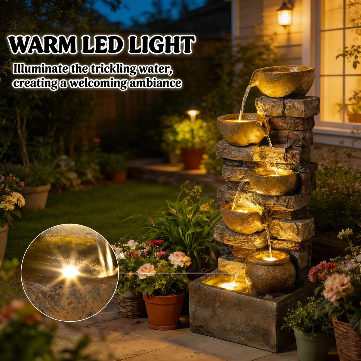Resin Stacked Stone Bowl Cascade Fountain 28 Inch, photo 3 of 8