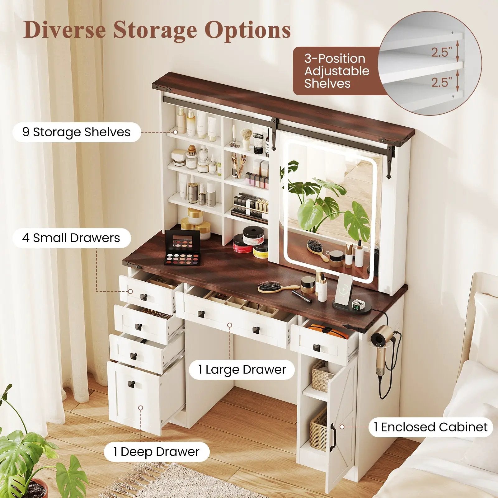 Farmhouse Vanity Desk with Barn-Style Sliding Mirror and 3 Lighting Modes-White by DirectDeals