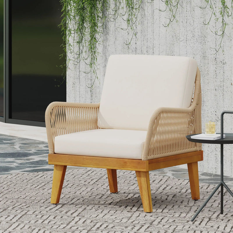 Outdoor Club Chair With Rope Weave Design - Teak by HouseOfZazla