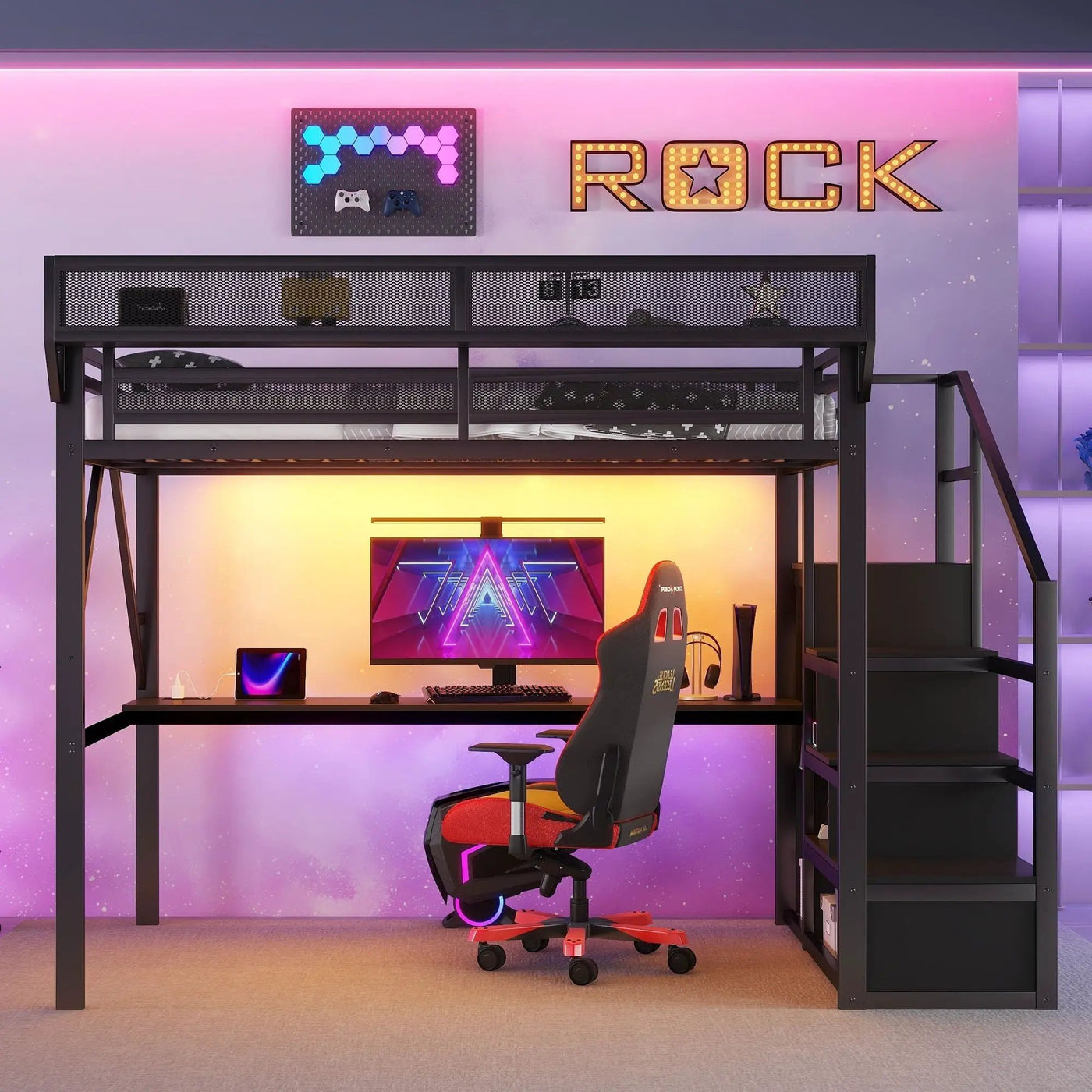 Loft Bed With Desk And Charging Station With Stairs And Light by HouseOfZazla