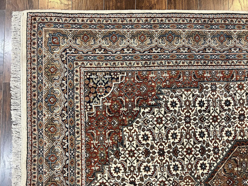 Indo Persian Rug 7x10 ft, Hand Knotted Wool Vintage Oriental Carpet 7 x 10, Traditional Handmade Herati Bidjar Cream Rug, Medallion Rug by Jewel Rugs