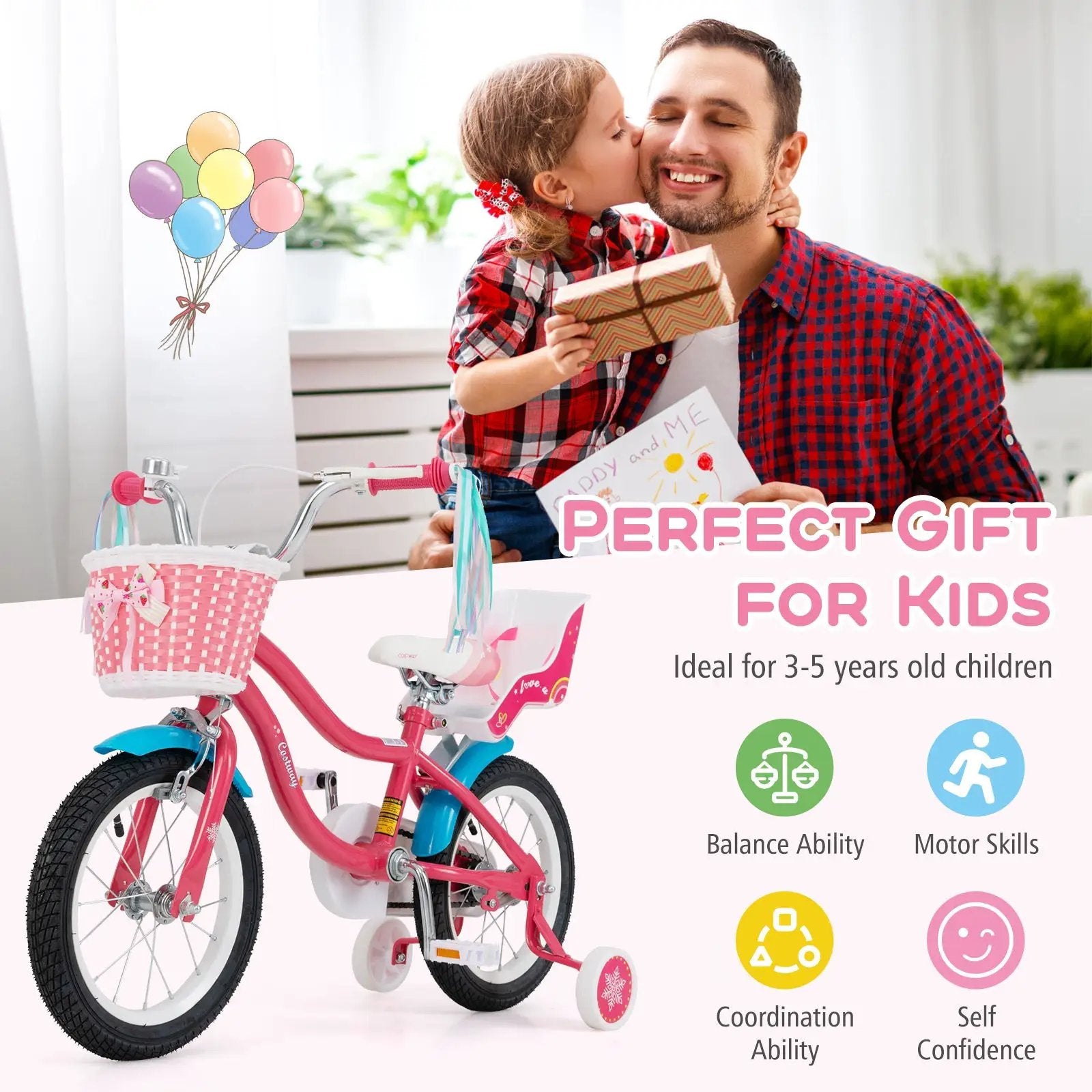 16 Inch Girls Bike for 4-7 Years Old Kids Bike with Doll Seat and Training Wheels by DirectDeals