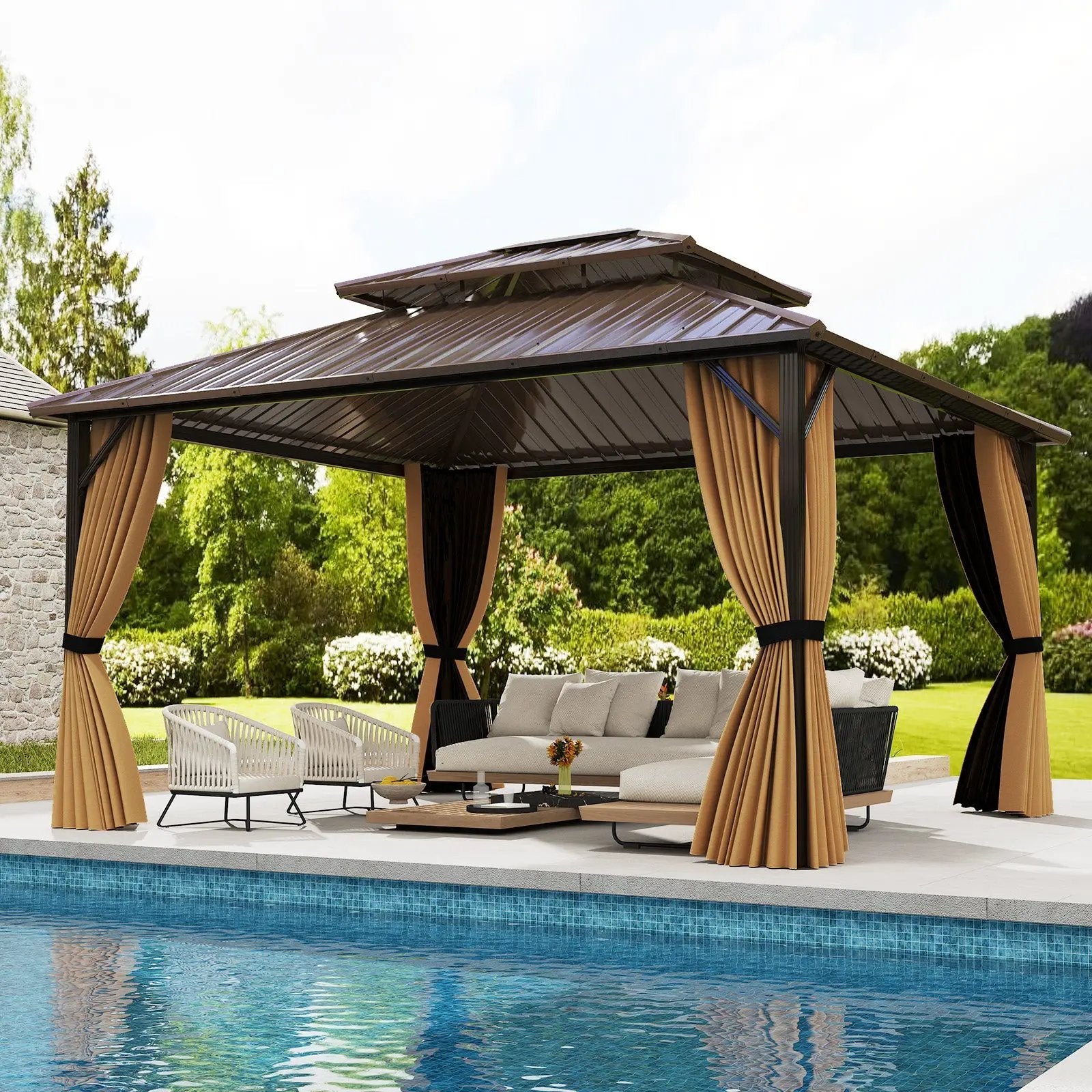 14 x 12 FT Hardtop Gazebo Outdoor Pergola for Patio Garden Deck Lawn Backyard Party Tent-Coffee by DirectDeals