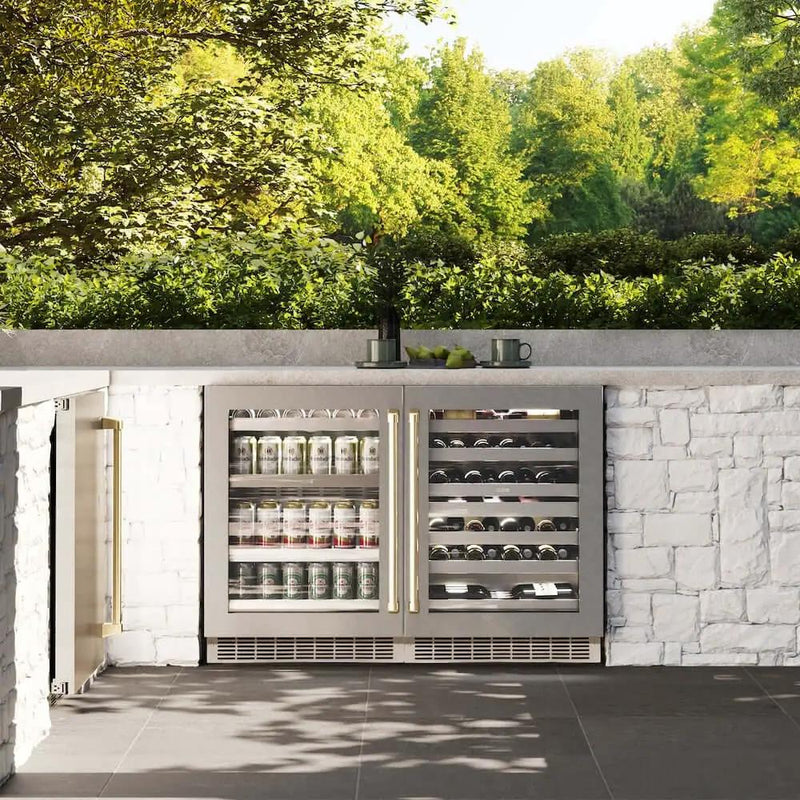 ZLINE 24" Touchstone Dual Zone 44 Bottle Wine Cooler DuraSnow® Stainless Steel Glass Door Polished Gold Handle RWDOZ-SN-24-G by Farmhouse Kitchen and Bath
