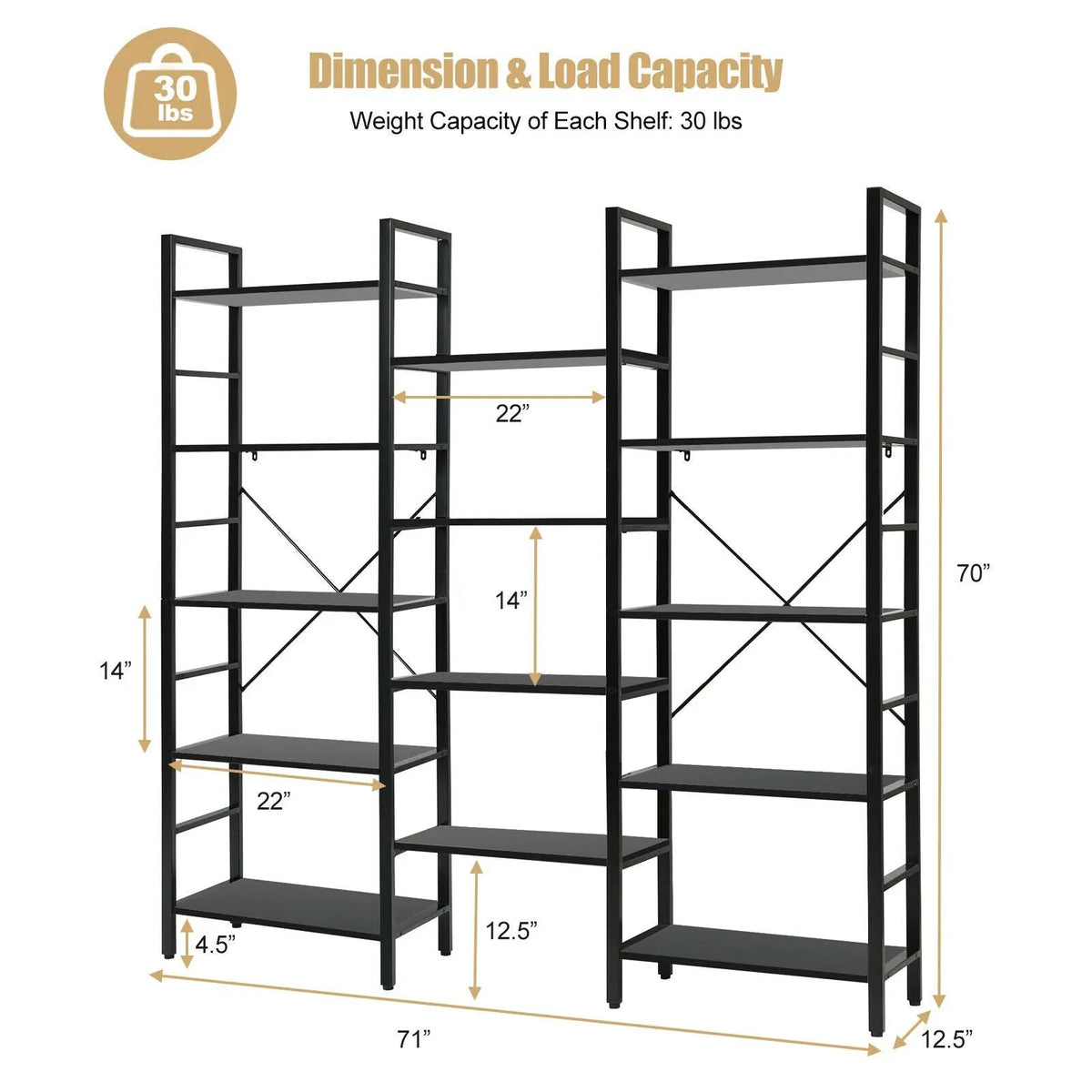 Vintage Triple Wide 5-Tier Bookcase Large Bookshelf Display Storage Shelf, photo 10 of 16
