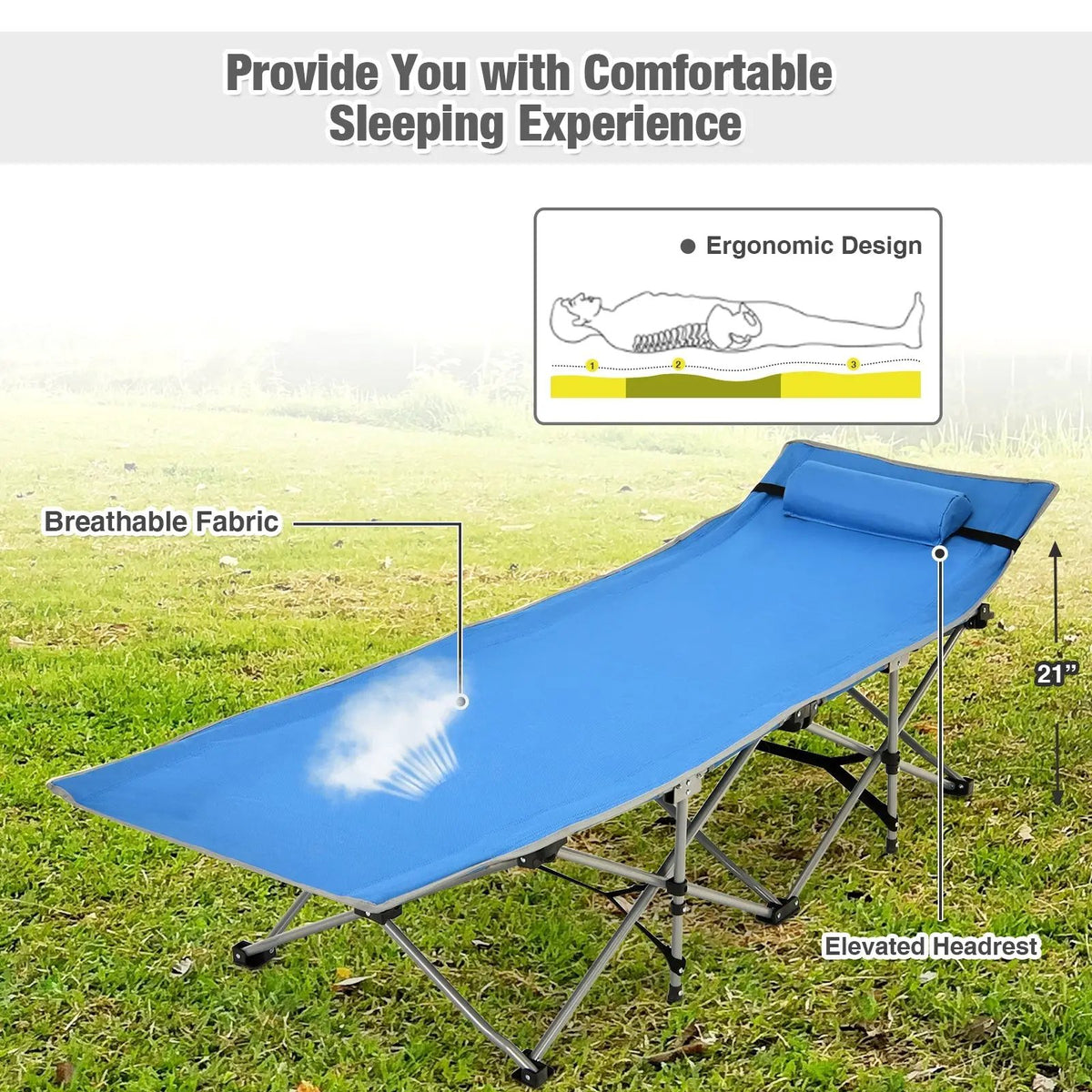 Folding Camping Cot with Side Storage Pocket Detachable Headrest, photo 13 of 16