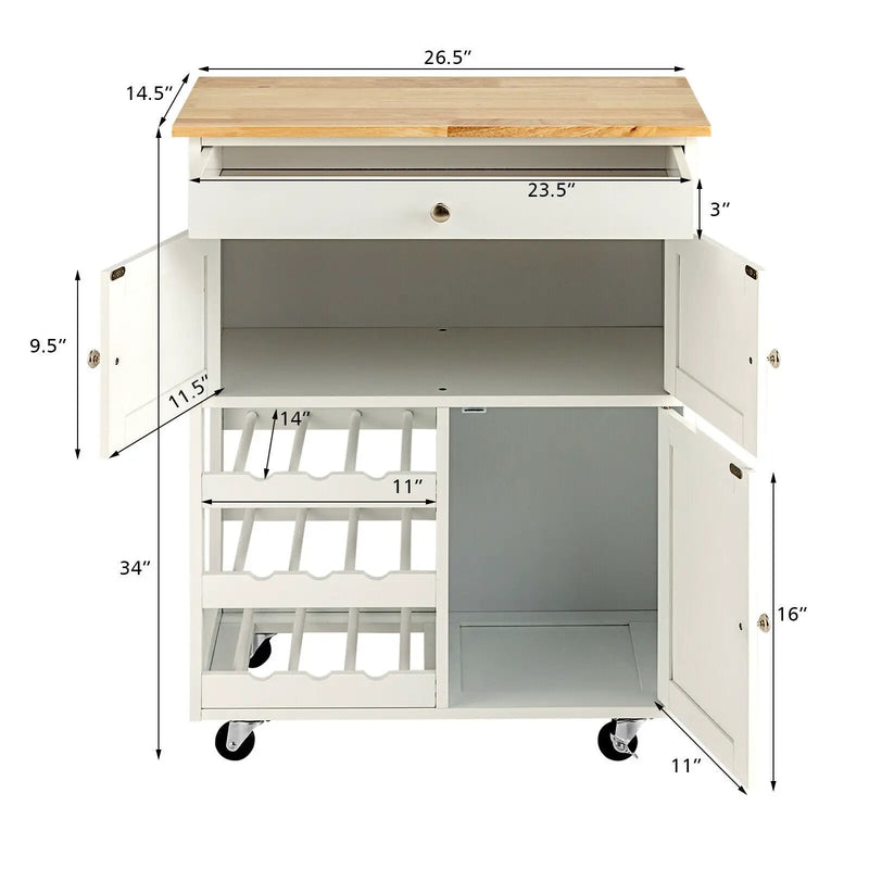 Kitchen Cart with Rubber Wood Top 3 Tier Wine Racks 2 Cabinets by DirectDeals