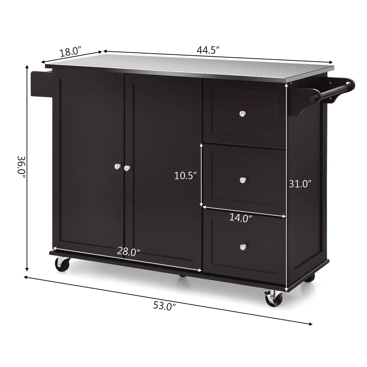 Kitchen Island 2-Door Storage Cabinet with Drawers and Stainless Steel Top, photo 12 of 24