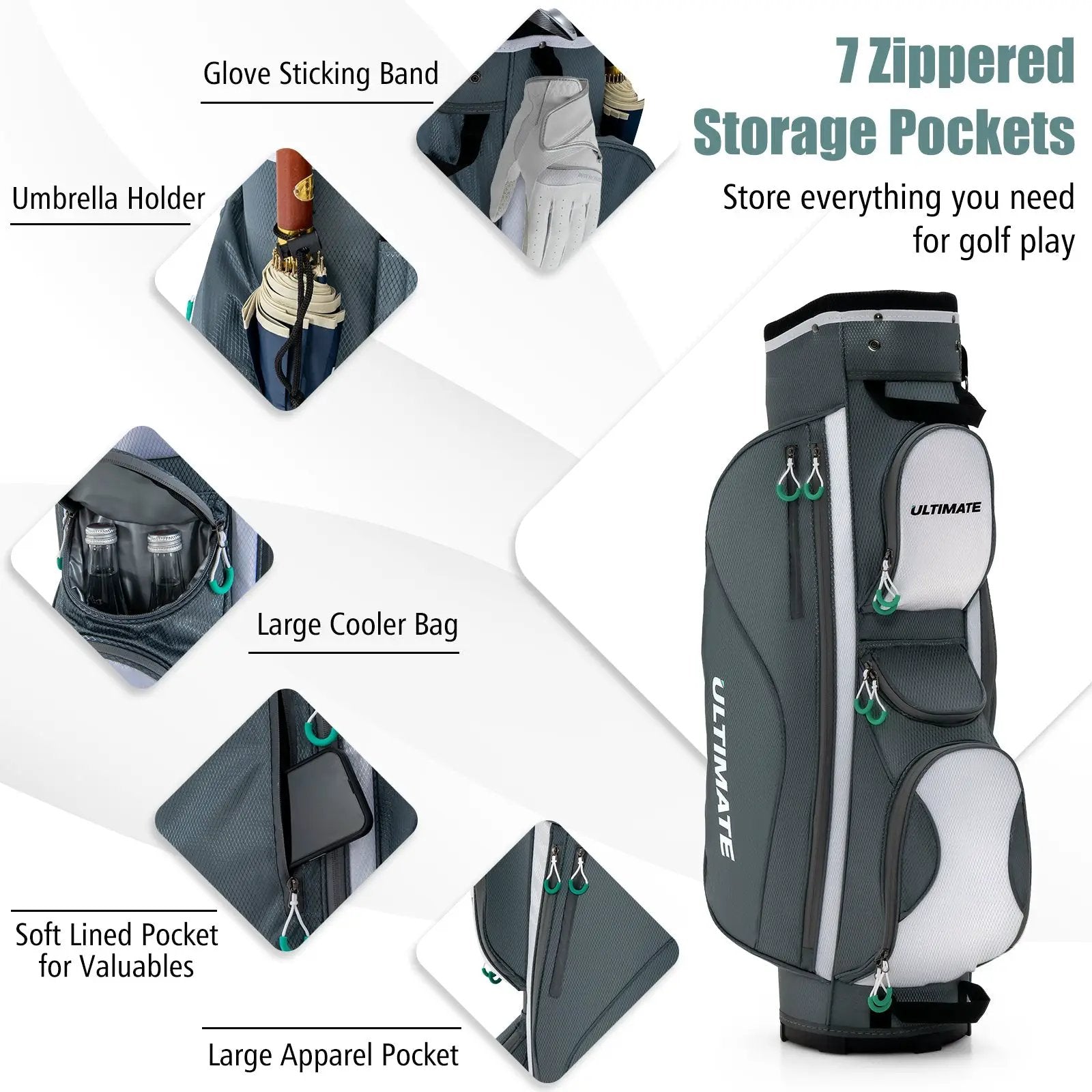 14 Dividers Golf Cart Bag with 7 Zippered Pocket by DirectDeals