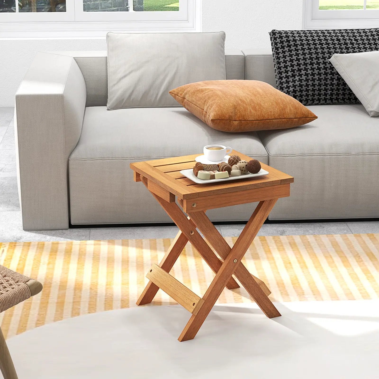 14 Inch Compact Folding Side Table with Slatted Tabletop by DirectDeals