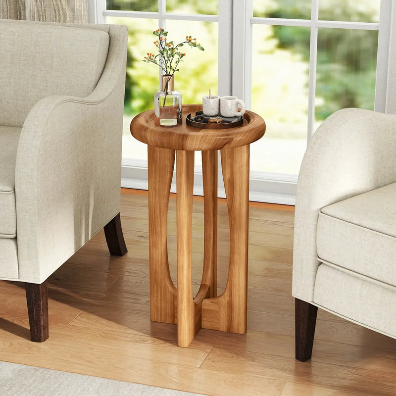 14 Inch Farmhouse End Table with Round Tray Top and Wood Cross Legs by DirectDeals