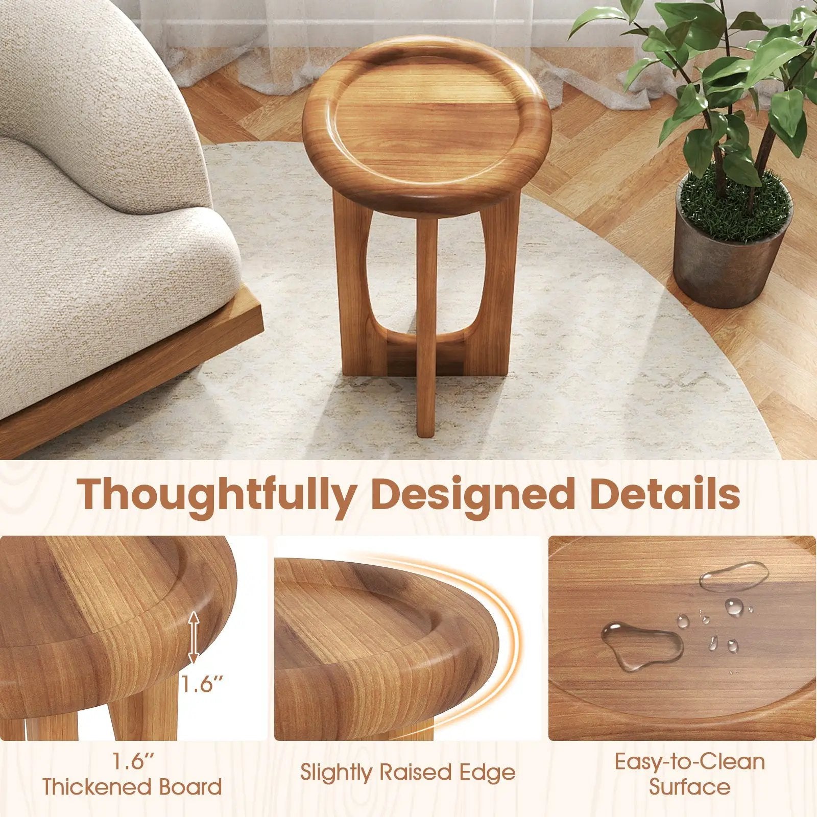14 Inch Farmhouse End Table with Round Tray Top and Wood Cross Legs by DirectDeals