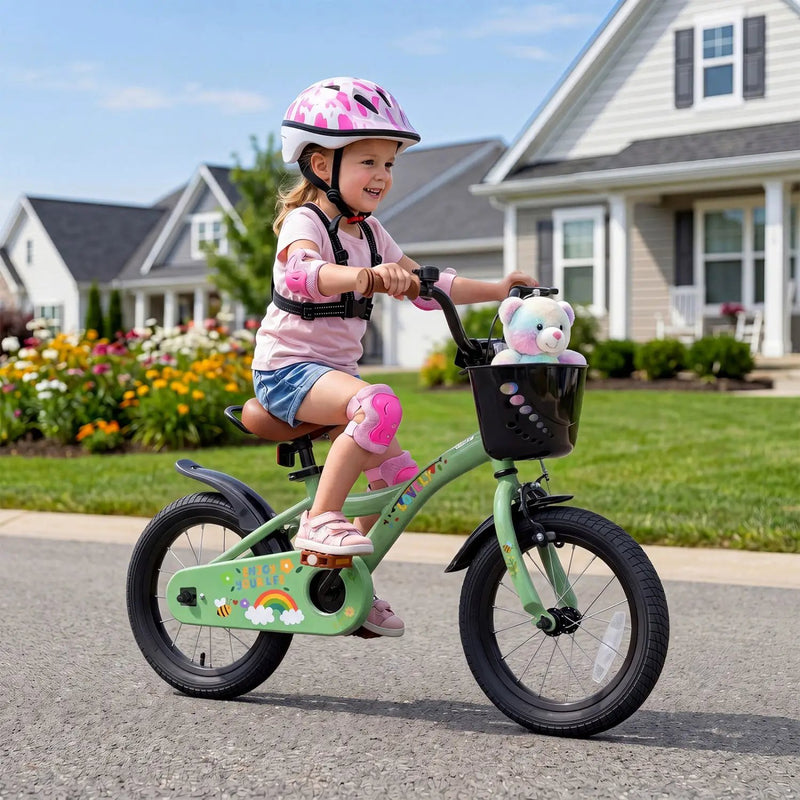 14 Inch Girls Bike with Training Wheels and Basket - Green by DirectDeals